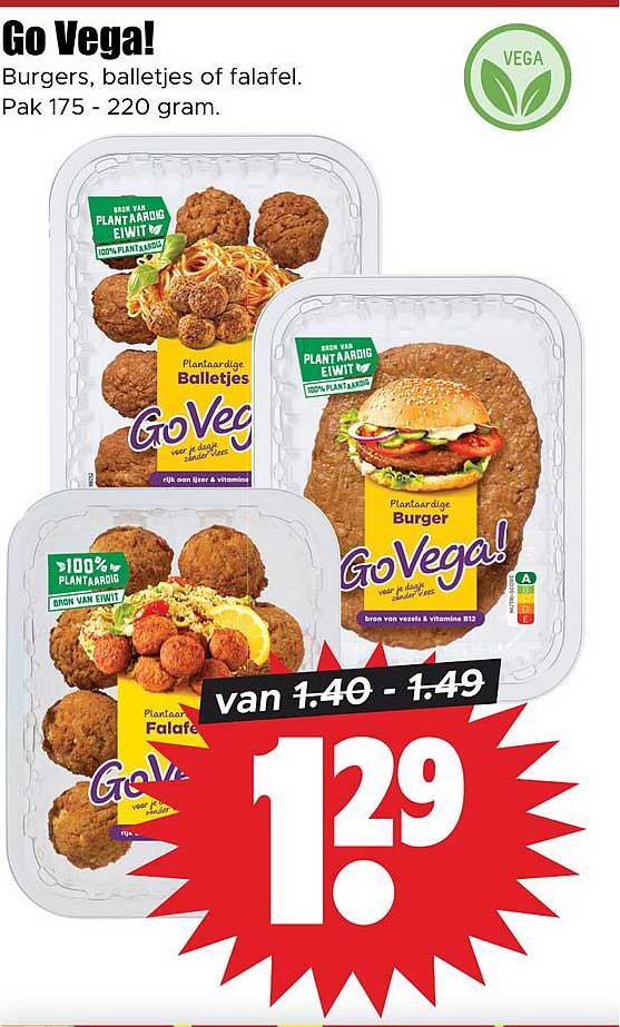 Go Vega! Burgers, balletjes of falafel. Pak 175 - 220 gram.