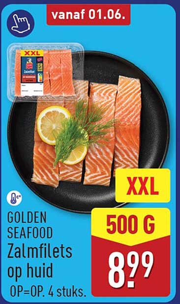 GOLDEN SEAFOOD Zalmfilets op huid OP=OP. 4 stuks. XXL 500 G