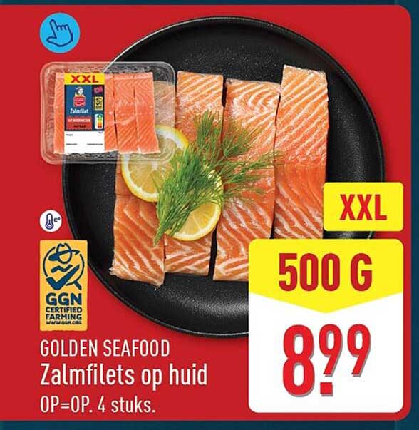 GOLDEN SEAFOOD Zalmfilets op huid XXL 500 G OP=OP. 4 stuks.