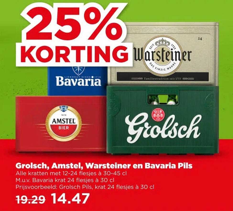 Grolsch, Amstel, Warsteiner en Bavaria Pils 25% korting