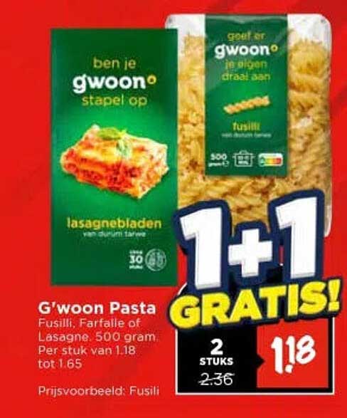 G'woon Pasta Fusilli, Farfalle of Lasagne, 500 gram 1+1 GRATIS!