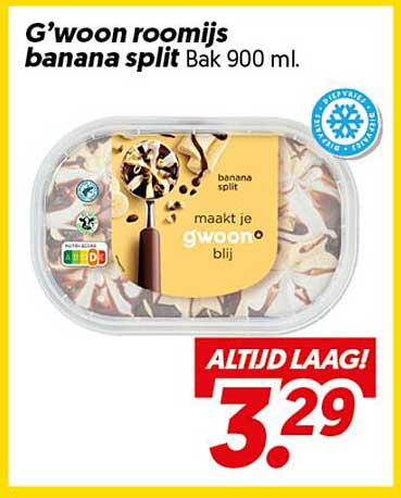 G'woon roomijs banaan split Bak 900 ml. ALTJD LAAG!