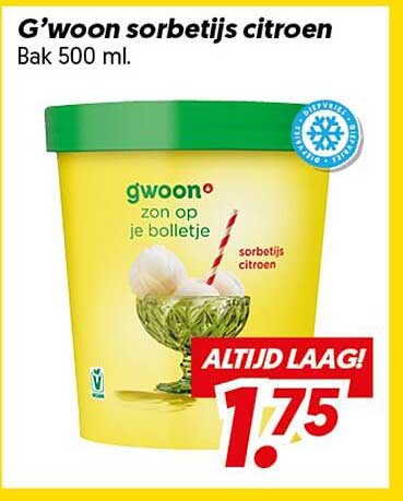 G'woon sorbetijs citroen Bak 500 ml. ALTIJD LAAG!