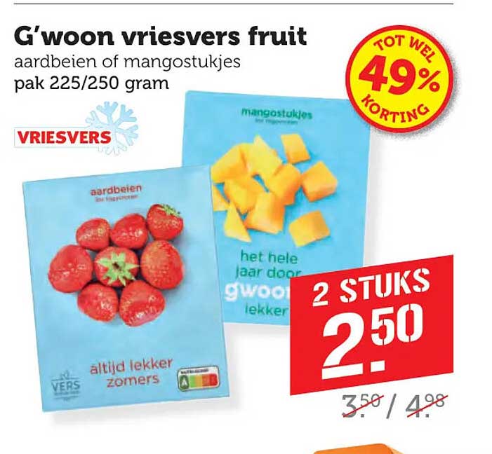 G'woon vriesvers fruit aardbeien of mangostukjes pak 225/250 gram 2 stuks