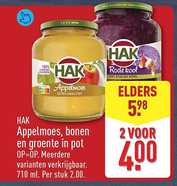 HAK Appelmoes, bonen en groente in pot OP=OP. Meerdere varianten verkrijgbaar. 710 ml. Per stuk 2.00. 2 VOOR 4.00