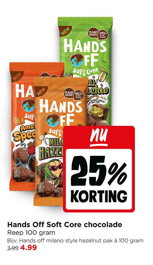Hands Off Soft Core chocolade Reep 100 gram 25% KORTING