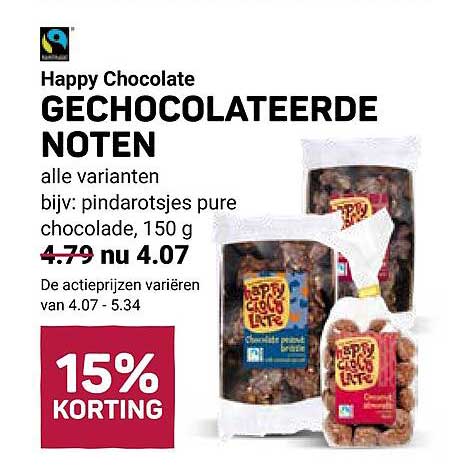Happy Chocolate GECHOCOLATEERDE NOTEN alle varianten bijv: pindarotsjes pure chocolade, 150 g 15% KORTING