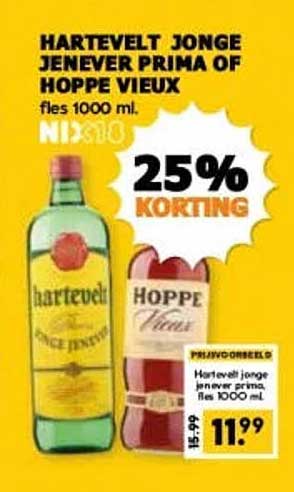 HARTEVELT JONGE JENEVER PRIMA OF HOPPE VIEUX fles 1000 ml. 25% KORTING