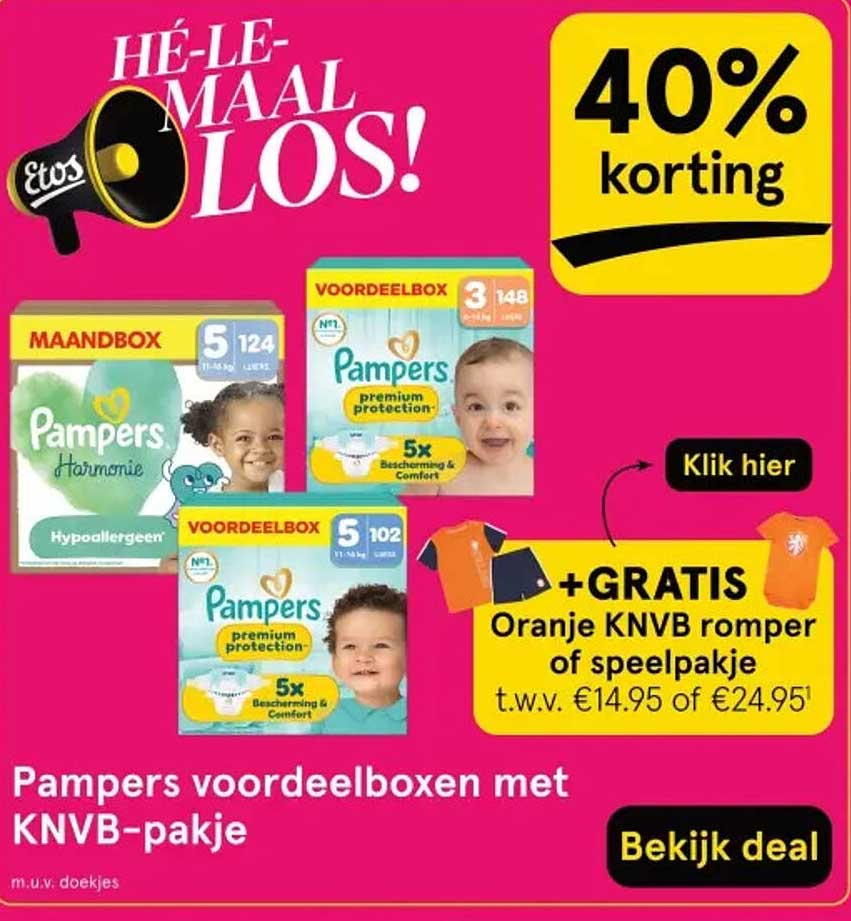 HÉ-LE-MAAL LOS! 40% korting Pampers voordeelboxen met KNVB-pakje +GRATIS Oranje KNVB romper of speelpakje t.w.v. €14.95 of €24.95