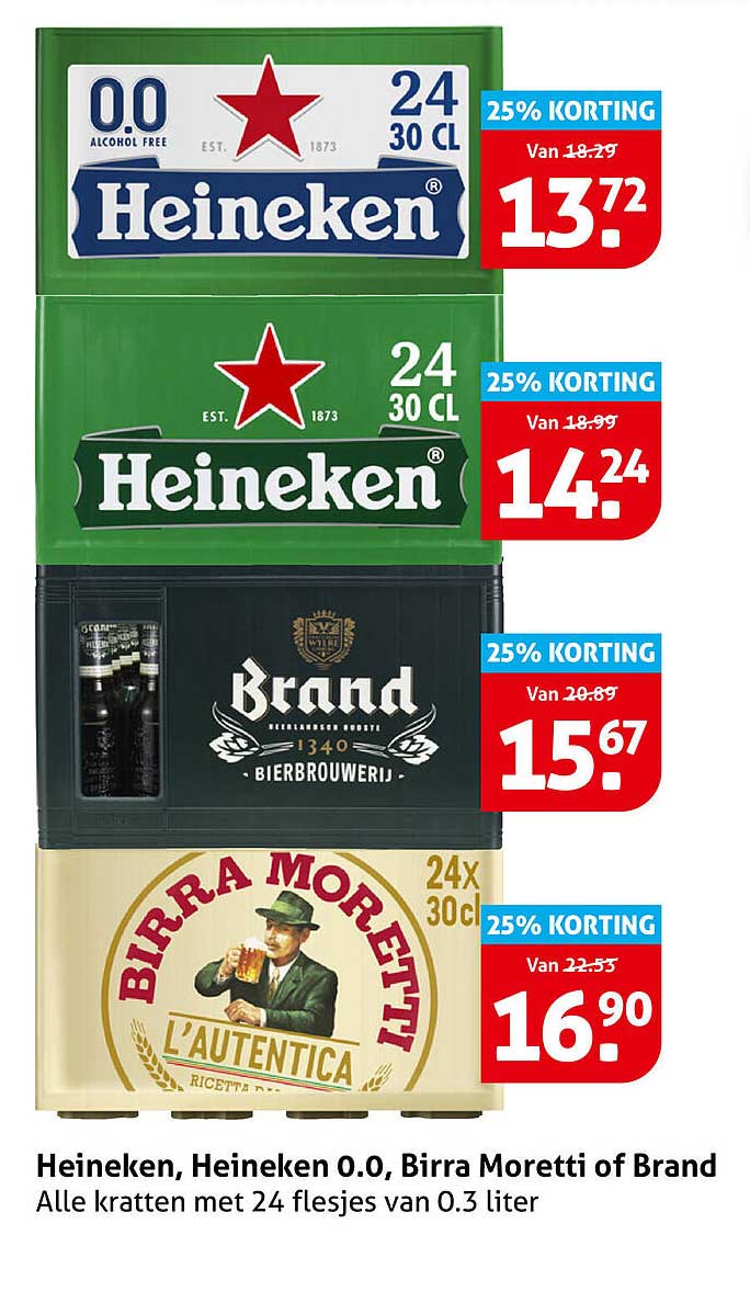 Heineken, Heineken 0.0, Birra Moretti of Brand Alle kratten met 24 flesjes van 0.3 liter 25% KORTING