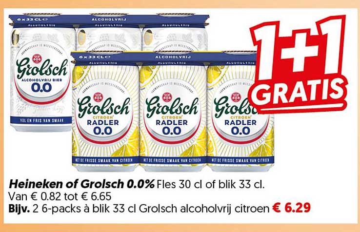 Heineken of Grolsch 0.0% Fles 30 cl of blik 33 cl 1+1 GRATIS