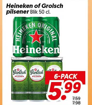 Heineken of Grolsch pilsener Blik 50 cl.