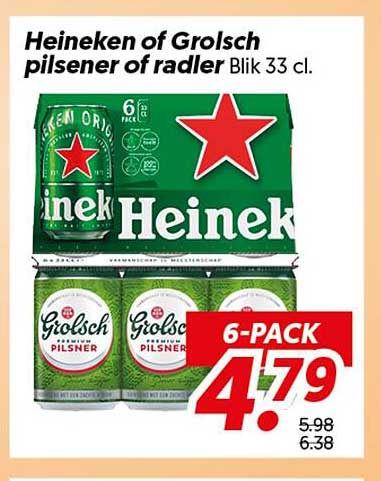 Heineken of Grolsch pilsener of radler Blik 33 cl. 6-PACK