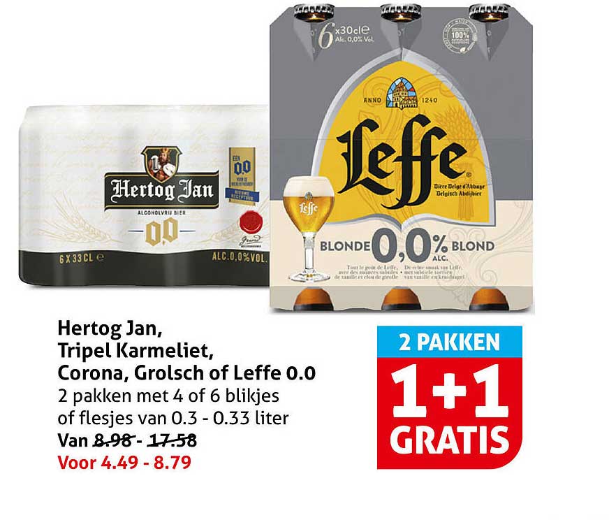 Hertog Jan, Tripel Karmeliet, Corona, Grolsch of Leffe 0.0 2 pakken met 4 of 6 blikjes of flesjes van 0.3 - 0.33 liter 1+1 gratis