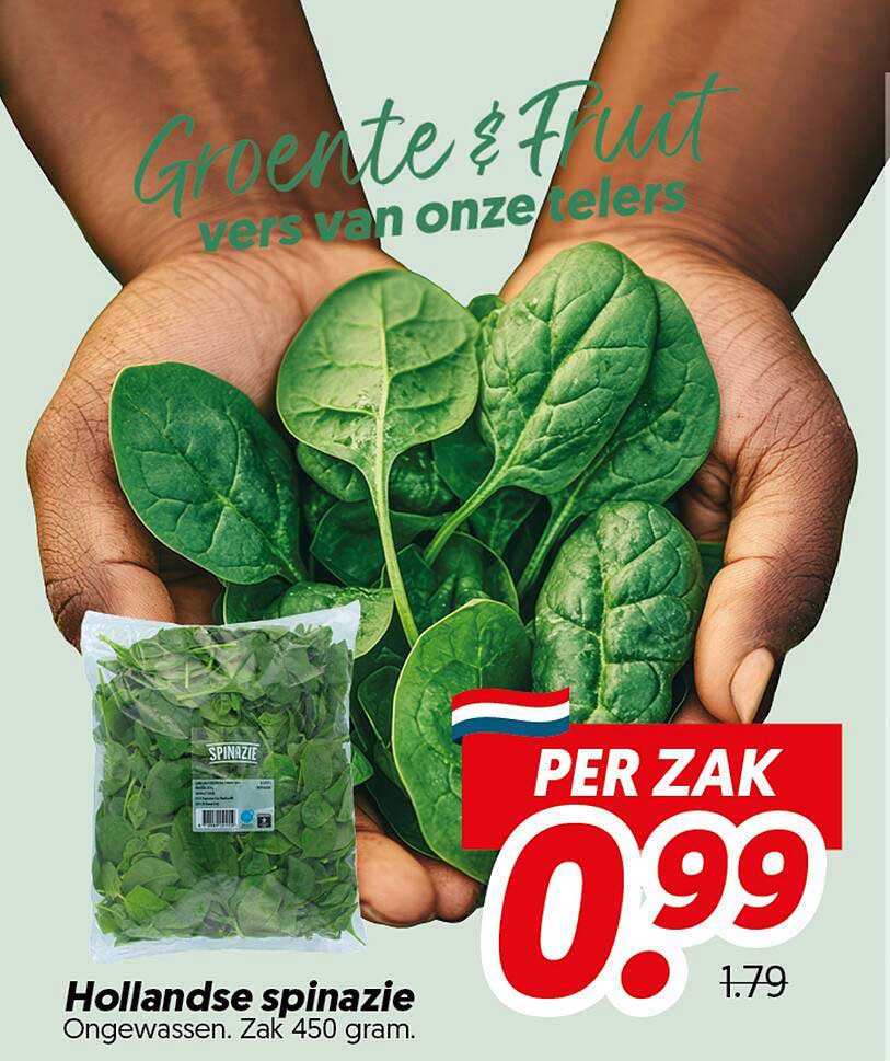 Hollandse spinazie Ongewassen. Zak 450 gram.