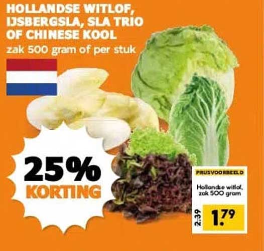 Hollandse witlof, ijsbergsla, sla trio of Chinese kool zak 500 gram of per stuk 25% korting