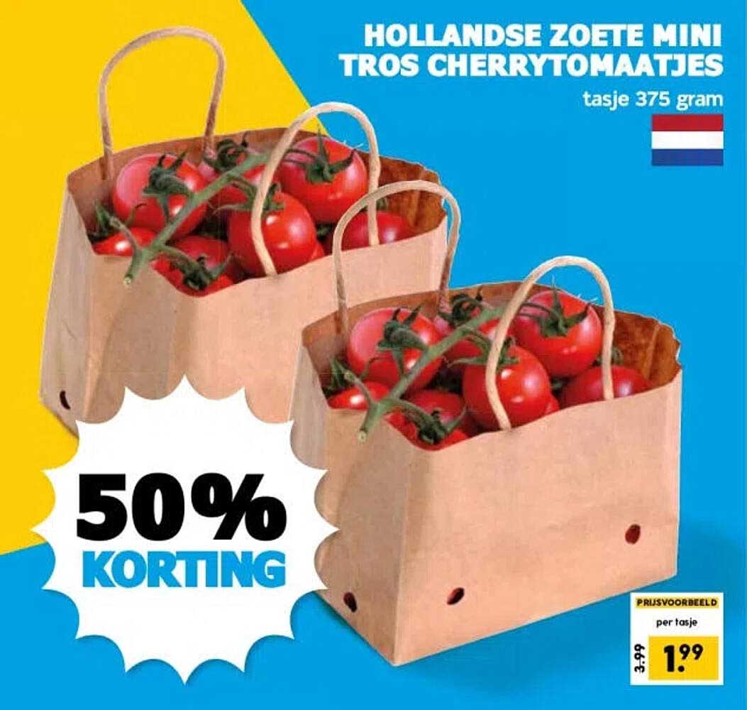 HOLLANDSE ZOETE MINI TROS CHERRYTOMAATJES tasje 375 gram 50% KORTING