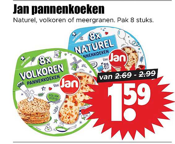 Jan pannenkoeken Naturel, volkoren of meergranen. Pak 8 stuks.