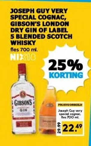 JOSEPH GUY VERY SPECIAL COGNAC, GIBSON'S LONDON DRY GIN OF LABEL 5 BLENDED SCOTCH WHISKY fles 700 ml 25% KORTING
