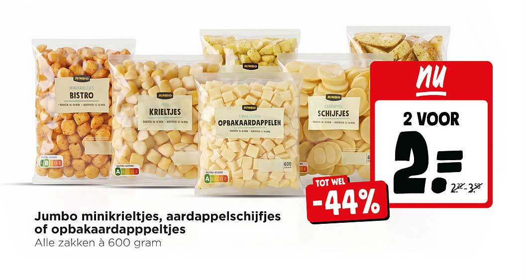 Jumbo minikrieltjes, aardappelschijfjes of opbakaardappeltjes 2 voor