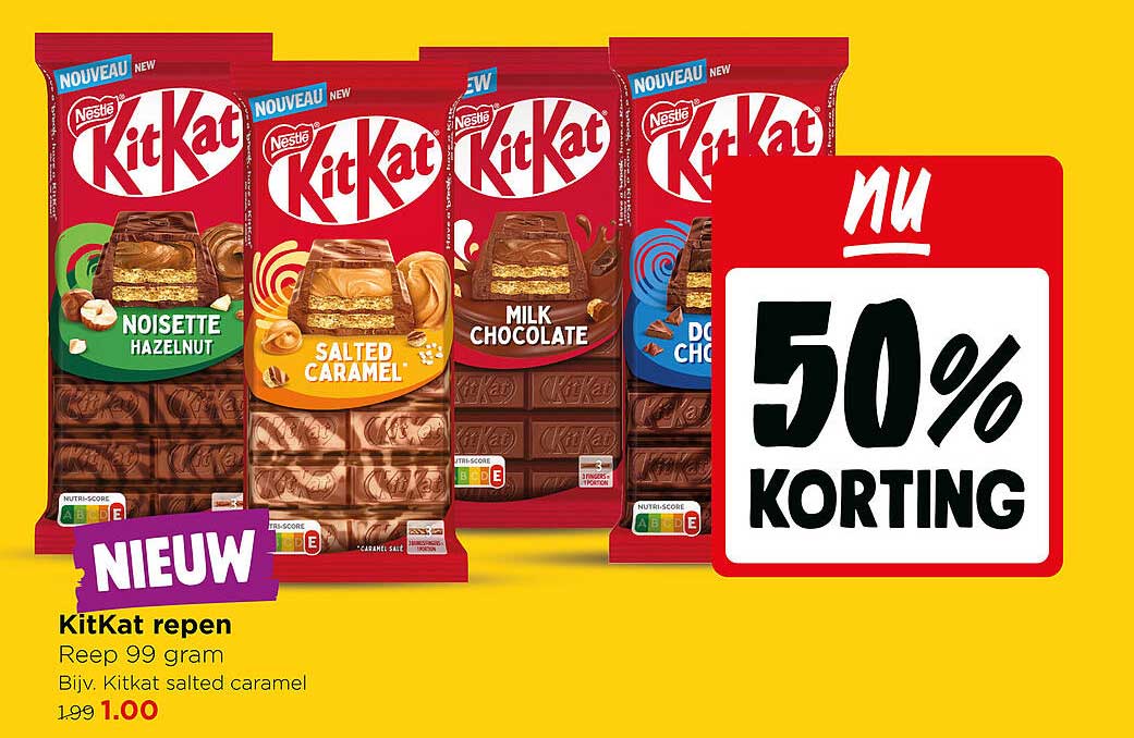 KitKat repen Reep 99 gram Bijv. Kitkat salted caramel 50% KORTING