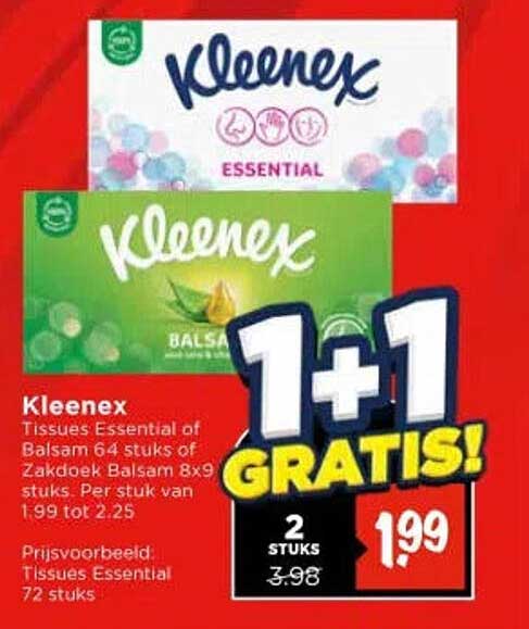 Kleenex Tissues Essential of Balsam 64 stuks of Zakdoek Balsam 8x9 stuks, Per stuk van 1,99 tot 2,25 1+1 GRATIS!