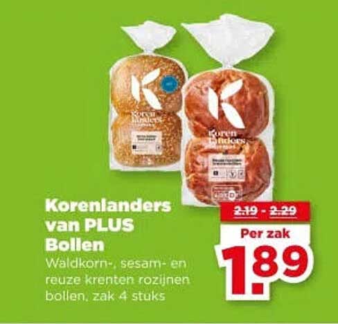 Korenlanders van PLUS Bollen Waldkorn-, sesam- en reuze krenten rozijnen bollen, zak 4 stuks