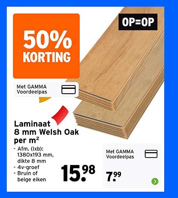 Laminaat 8 mm Welsh Oak per m² 50% korting