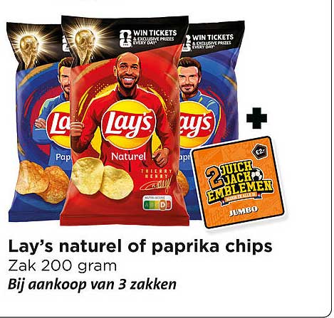Lay’s naturel of paprika chips Zak 200 gram Bij aankoop van 3 zakken