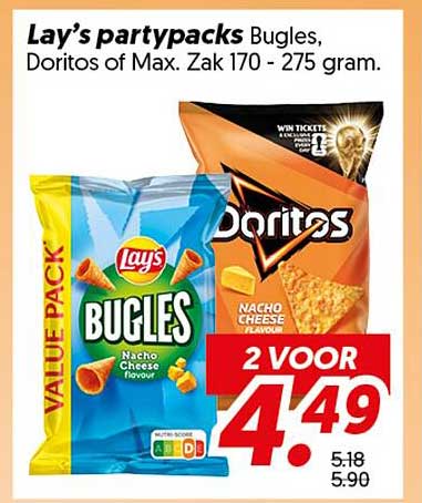 Lay’s partypacks Bugles, Doritos of Max. Zak 170 - 275 gram.
