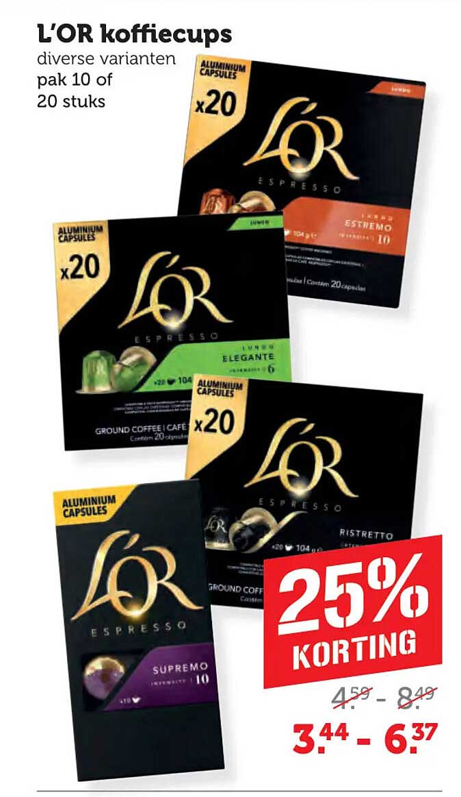 L'OR koffiecups diverse varianten pak 10 of 20 stuks 25% KORTING