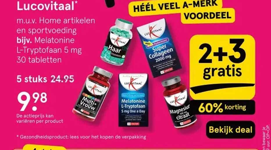 Lucovitaal* m.u.v. Home artikelen en sportvoeding bijv. Melatonine L-Tryptofaan 5 mg 30 tabletten 2+3 gratis