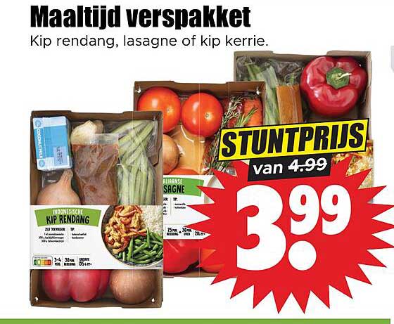 Maaltijd verspakket Kip rendang, lasagne of kip kerrie. STUNTPRIJS