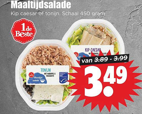 Maaltijdsalade Kip caesar of tonijn. Schaal 450 gram