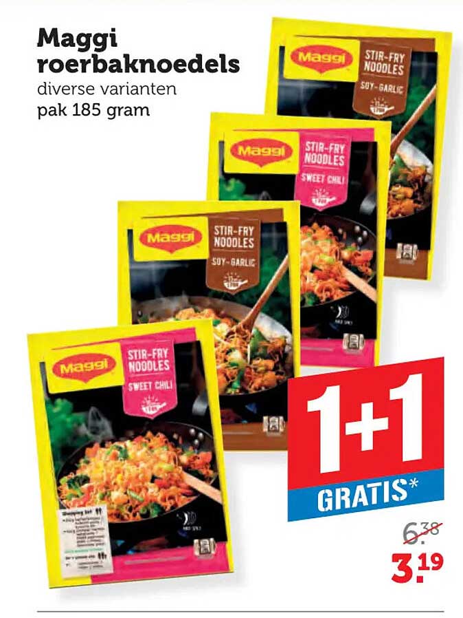 Maggi roerbaknoedels diverse varianten pak 185 gram 1+1 gratis