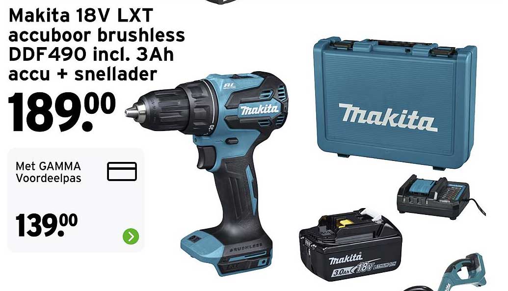 Makita 18V LXT accuboor brushless DDF490 incl. 3Ah accu + snellader