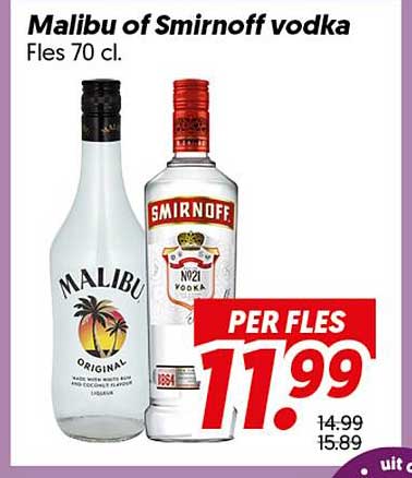 Malibu of Smirnoff vodka Fles 70 cl. PER FLES