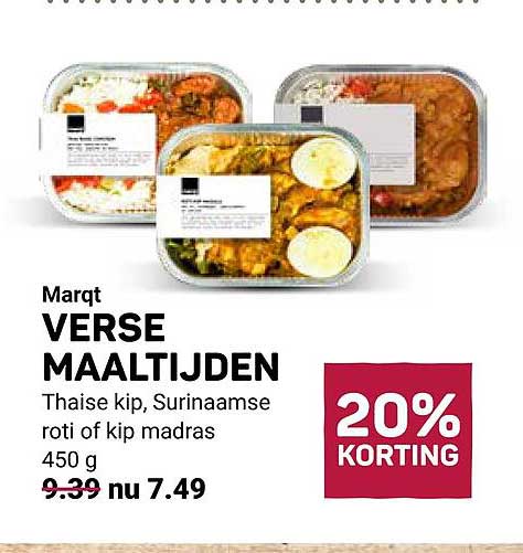 Marqt VERSE MAALTIJDEN Thaise kip, Surinaamse roti of kip madras 450 g 20% KORTING