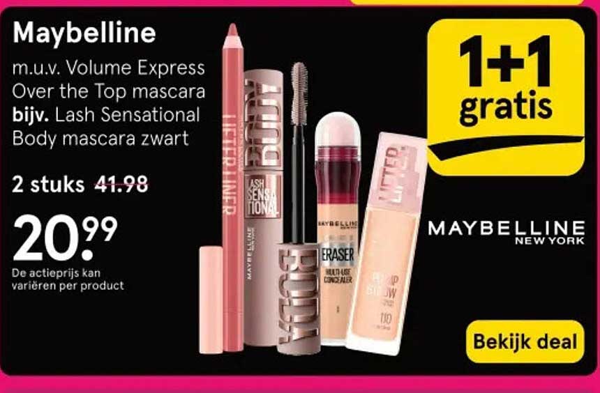 Maybelline m.u.v. Volume Express Over the Top mascara bijv. Lash Sensational Body mascara zwart 1+1 gratis
