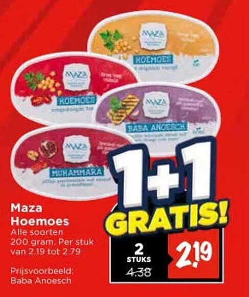 Maza Hoemoes Alle soorten 200 gram per stuk 1+1 GRATIS!