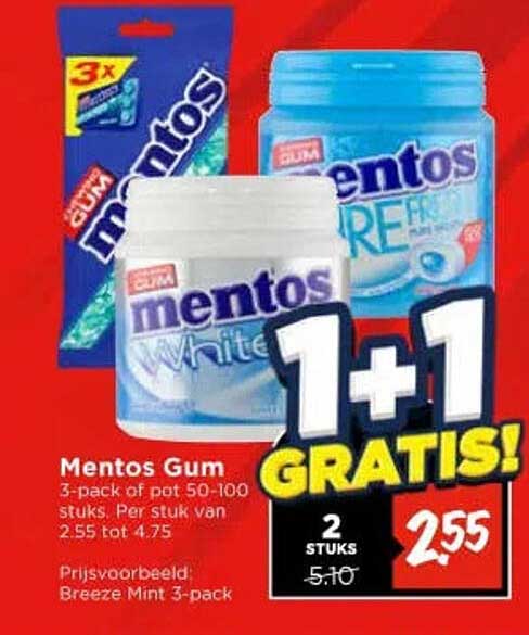 Mentos Gum 3-pack of pot 50-100 stuks 1+1 gratis