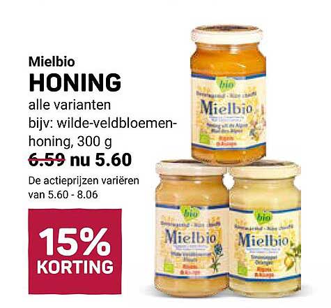 Mielbio HONING alle varianten bijv: wilde-veldbloemen-honing, 300 g