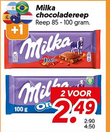 Milka chocoladereep Reep 85 - 100 gram. 2 VOOR