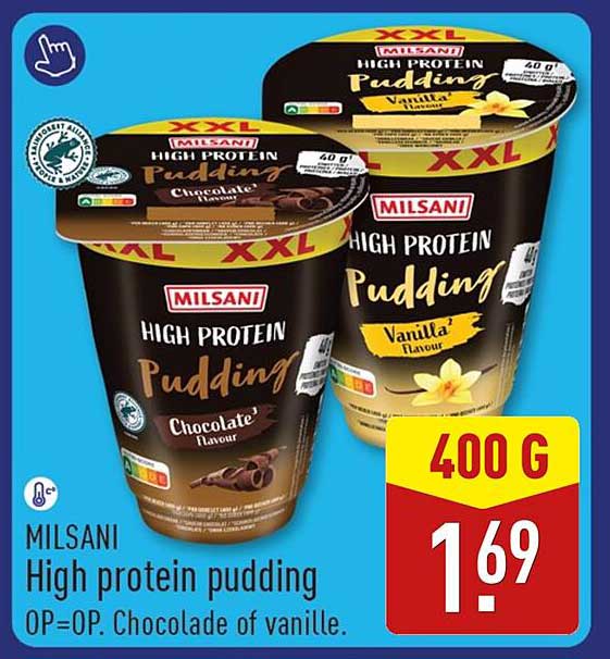 MILSANI High protein pudding OP=OP. Chocolade of vanille.