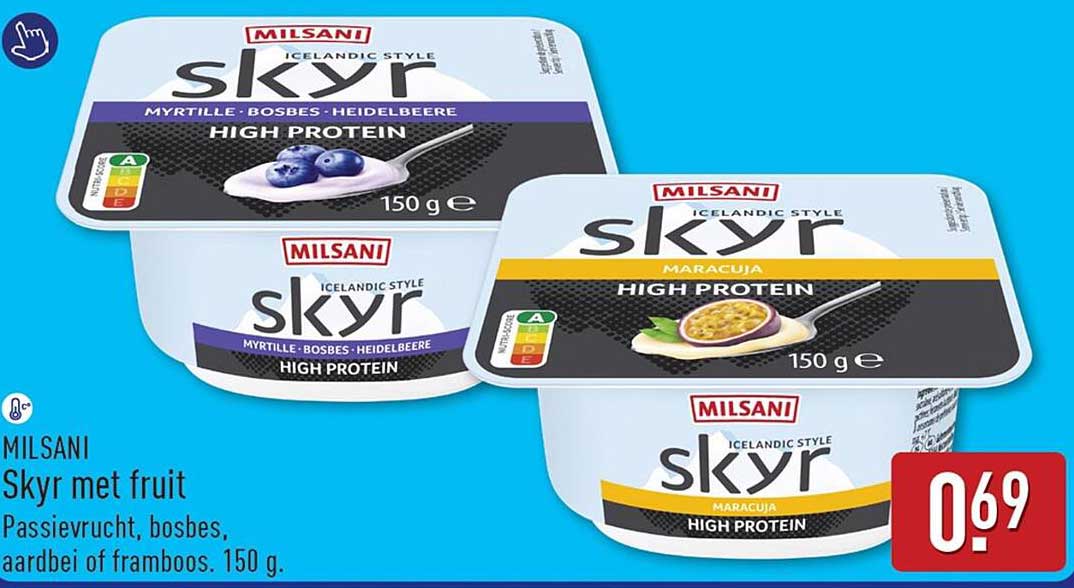 MILSANI Skyr met fruit Passievrucht, bosbes, aardbei of framboos. 150 g.