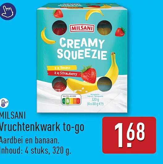MILSANI Vruchtenkwark to-go Aardbei en banaan. Inhoud: 4 stuks, 320 g.