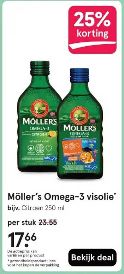 Möller’s Omega-3 visolie* bijv. Citroen 250 ml 25% korting