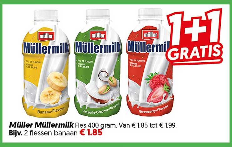 Müller Müllermilk Fles 400 gram 1+1 GRATIS