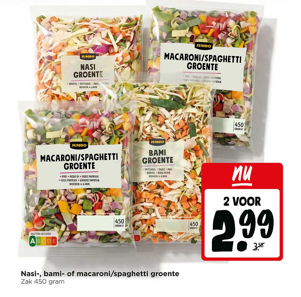 Nasi, bami- of macaroni/spaghetti groente 2 voor 2.99