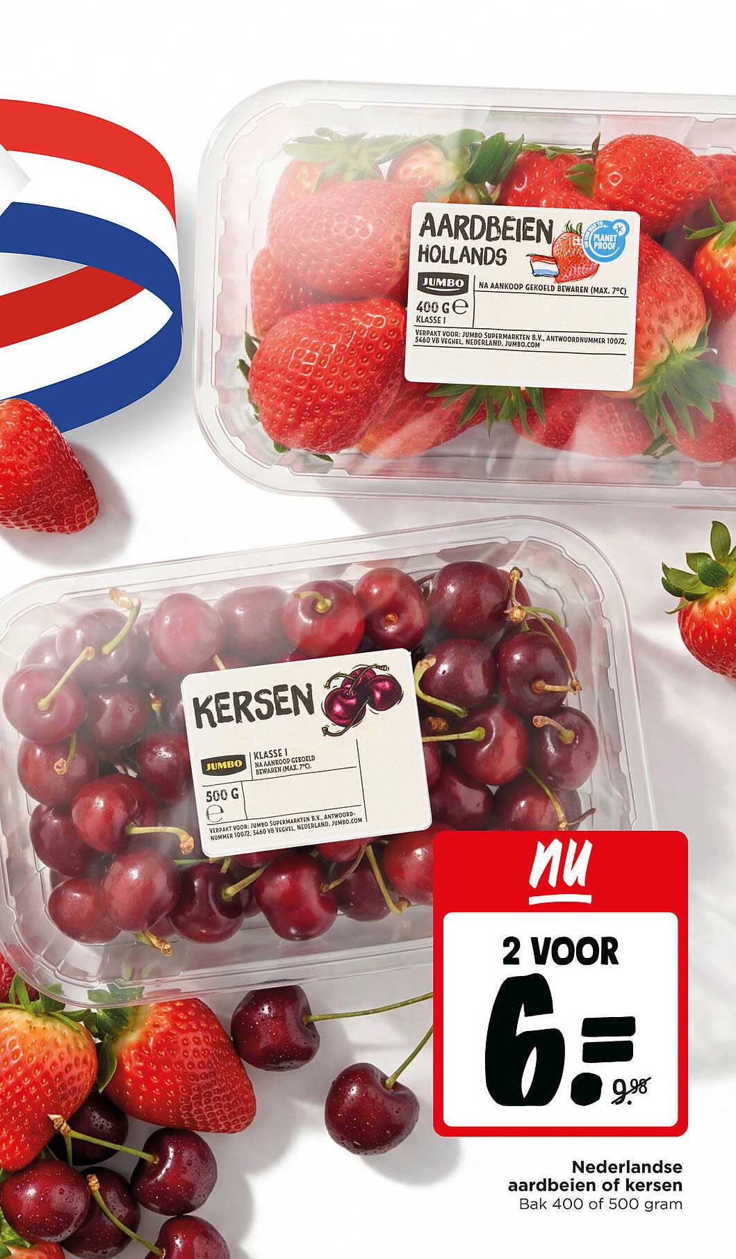 Nederlandse aardbeien of kersen Bak 400 of 500 gram